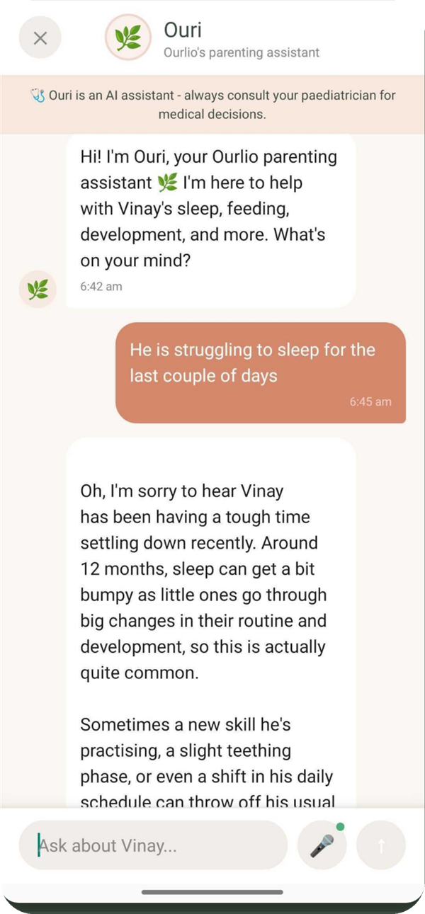 Ouri, Ourlio's parenting assistant, answering a question about a baby's sleep